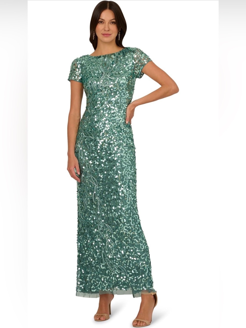 Adrianna Papell Seafoam Green Sequin Maxi Gown